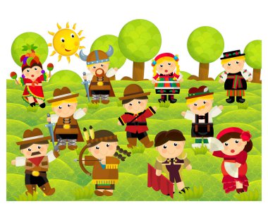 Karakter kostümlü bir çizgi film sahnesi. Çocuklar için yaz illüstrasyonu sırasında park yerinde duran kadının uyruğunu temsil ediyor.