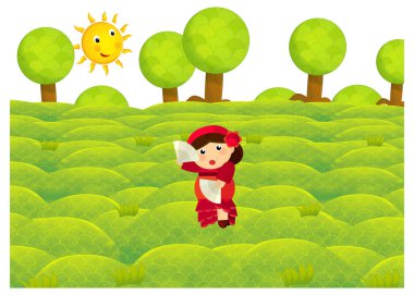 cartoon scene with character withl outfit costume representing his her nationality standing in park during summer illustration for kids clipart