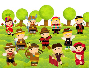 Karakter kostümlü bir çizgi film sahnesi. Çocuklar için yaz illüstrasyonu sırasında park yerinde duran kadının uyruğunu temsil ediyor.