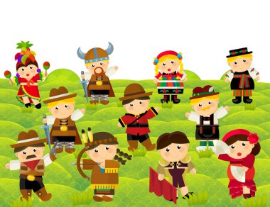 Karakter kostümlü bir çizgi film sahnesi. Çocuklar için yaz illüstrasyonu sırasında park yerinde duran kadının uyruğunu temsil ediyor.