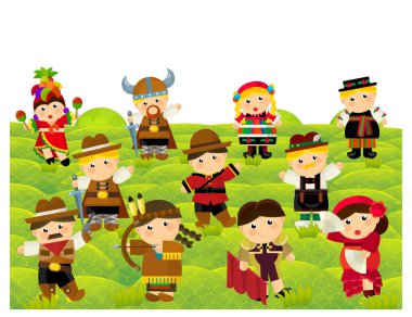 Karakter kostümlü bir çizgi film sahnesi. Çocuklar için yaz illüstrasyonu sırasında park yerinde duran kadının uyruğunu temsil ediyor.