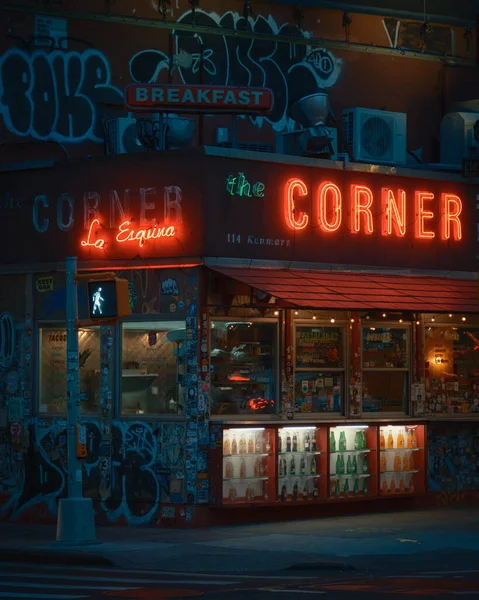 Esquina Corner Neon Signs Night Soho Manhattan New York — Stock Photo, Image