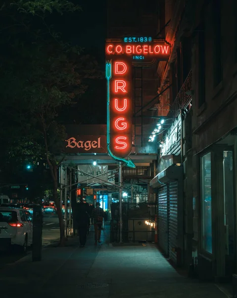 Comandante Bigelow Chemists Insegna Neon Vintage Notte Nel West Village — Foto Stock