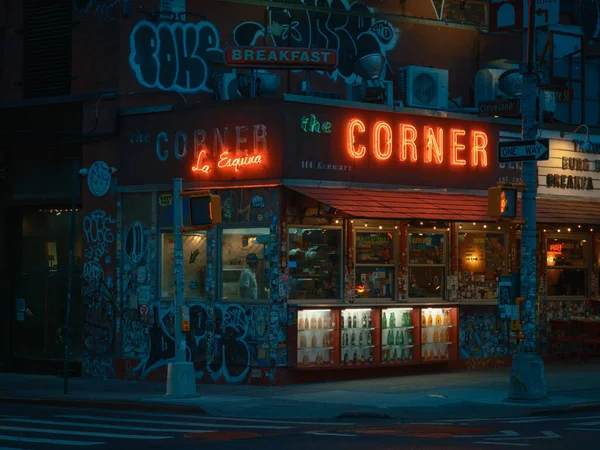Esquina Corner Letreros Neón Por Noche Soho Manhattan Nueva York — Foto de Stock