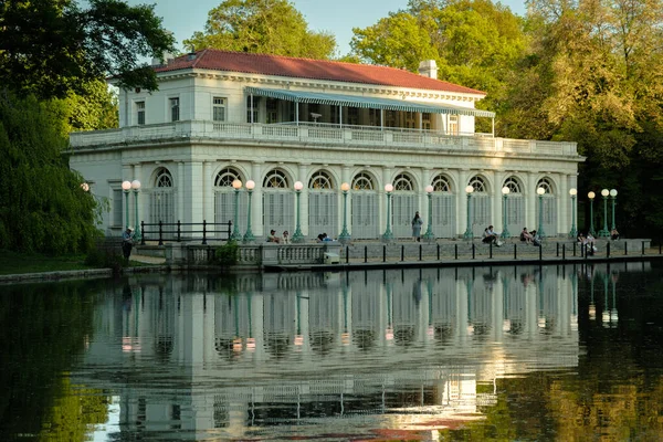 stock image Prospect Park Boathouse + Audubon Center reflecting in a pond, Brooklyn, New York