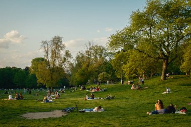 İnsanlar bir bahar akşamı çimenlerde otururlar, Prospect Park, Brooklyn, New York