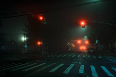 Foggy street scene at night in Red Hook, Brooklyn, New York clipart