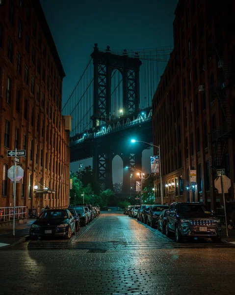 Cobblestone Street Manhattan Bridge Noite Dumbo Brooklyn Nova Iorque — Fotografia de Stock