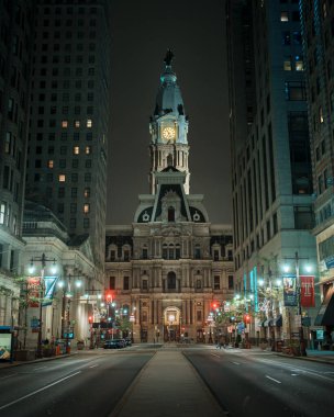 Philadelphia Belediye Binası ve Broad Caddesi, gece, Philadelphia, Pennsylvania