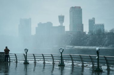 Coin, Terrapin Point, Niagara Şelalesi, New York 'ta dürbünü ve düşüşün görüntüsünü kullanıyordu.