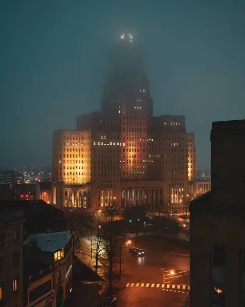 View of Buffalo City Hall on a foggy night, Buffalo, New York
