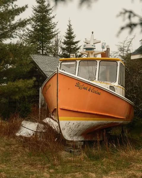 Orange Boat Foggy Day Beals Island Maine Stock Photo