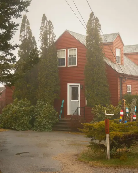 Red House Fog Beals Island Maine Stock Photo