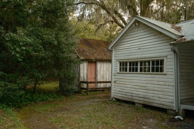 Paslı çatısı olan eski bir ahşap kulübe, Walter Jones Tarih Parkında ağaçlarla çevrili beyaz bir binanın arkasında duruyor, Jacksonville, Florida.