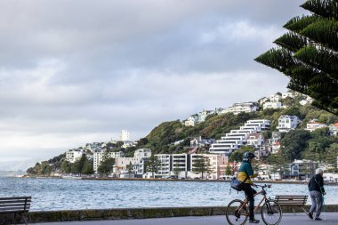 Wellington, Yeni Zelanda - 20 Nisan 2023: Bir yaya ve bisikletçi Wellington 'un Great Harbour Way' inin bir parçası olan Oriental Bay 'deki Oriental Parade boyunca ilerliyorlar.. 