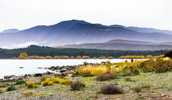 Widok Góry Krajobraz Widok Jezioro Tekapo Kościoła Dobrego Pasterza Nowej — Zdjęcie stockowe