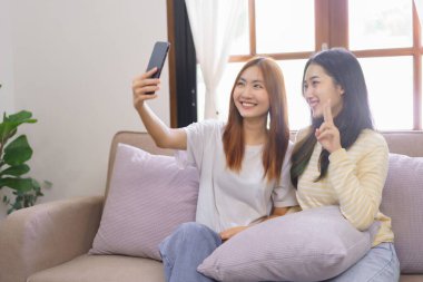 Ev kavramında rahatlayın, LGBT lezbiyen çifti akıllı telefon kullanarak V işaretli selfie çekiyorlar..