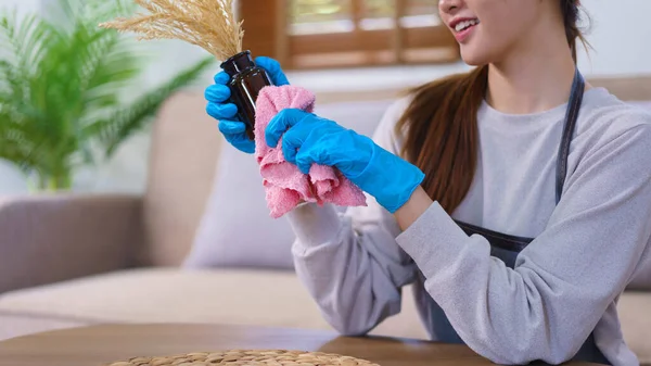 Hygiene Cleaning Concept Housemaid Use Cloth Cleaning Flower Vase While — Zdjęcie stockowe