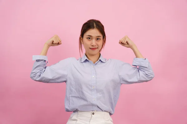 Women Serious Face Doing Strength Gesture Fists Raised Isolated Pink — Stock Photo, Image