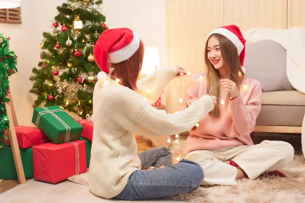 Christmas Concept Young Asian Woman Santa Hat Decorate Christmas Lights — Stock Photo, Image