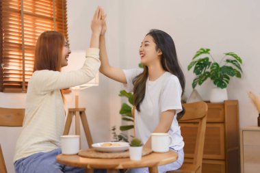 Activity at home concept, LGBT lesbian couple sitting in living room to giving high five together.