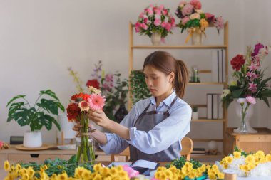Çiçekçilik konsepti, çiçekçi kadın çiçekçi çiçekçide müşteriler için cam vazoda renkli gerberalar düzenledi..