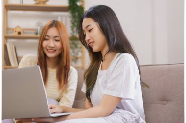 Ev konseptinde etkinlik, LGBT lezbiyen çifti birlikte çalışırken dizüstü bilgisayardan veri okuyup yazıyorlar.