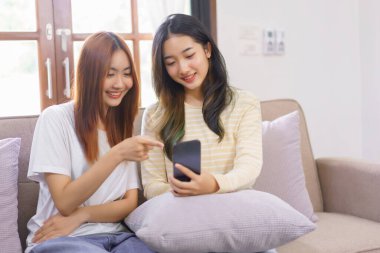 Ev kavramında rahatlayın, LGBT lezbiyen çift noktası ve birlikte çalışırken akıllı telefonlara bakın.