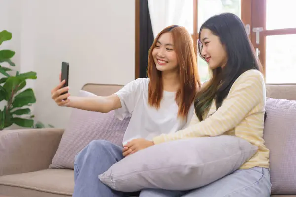 Activity Home Concept Lgbt Lesbian Couple Smiling Using Smartphone Selfie — Stock Photo, Image
