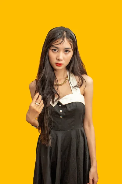 Fashion Concept Fashionable Woman Posing Mini Dress Isolated Yellow Background — стоковое фото