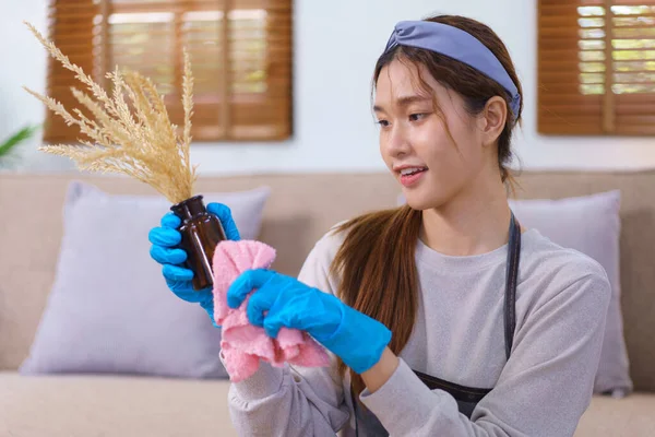 Hygiene Cleaning Concept Housemaid Use Cloth Cleaning Flower Vase While — Foto de Stock