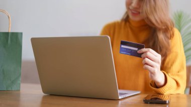 Ev konsepti ile ilgili çalışmalar, İş kadını dizüstü bilgisayarına kredi kartı verileri yazarak online alışveriş yapıyor.