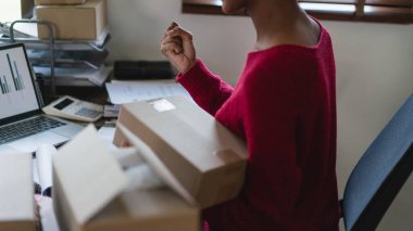 Afrikalı Amerikalı kadınlar mutlulukla kutlamak için kollarını kaldırırken dizüstü bilgisayardan online siparişleri kontrol ediyorlar..