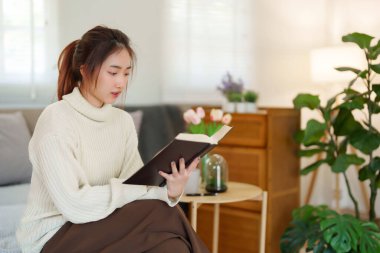 Kazak giyen genç Asyalı kadınlar kitap okuyup edebiyat hikayelerini öğrenirken koltukta rahatlamak ve evde yavaş bir yaşam tarzıyla vakit geçirmek için aktivite yaparken eğleniyorlar..