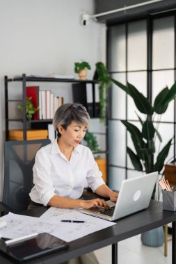 Dişi bir mimar dizüstü bilgisayarı üzerinde çalışır, planlar ve mimari çizimlerle çevrilidir, düzenli ve modern ofis ortamında tasarım projelerine yoğunlaşır..