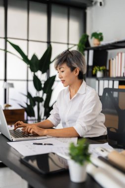 Dişi bir mimar dizüstü bilgisayarı üzerinde çalışır, planlar ve mimari çizimlerle çevrilidir, düzenli ve modern ofis ortamında tasarım projelerine yoğunlaşır..