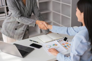 İki iş kadını yeni iş projeleri hakkında tartıştıktan sonra el sıkışıyor ve birlikte iş yapıyorlar..