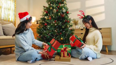 Noel Baba şapkalı iki genç kadın yerde oturmuş, güzel dekore edilmiş bir Noel ağacının altında hediyelerini düzenliyor, birlikte bayram sezonunun tadını çıkarıyorlar..