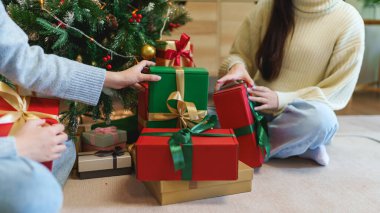 Noel Baba şapkalı iki genç kadın yerde oturmuş, güzel dekore edilmiş bir Noel ağacının altında hediyelerini düzenliyor, birlikte bayram sezonunun tadını çıkarıyorlar..