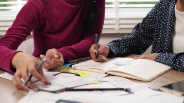 Asyalı kadın UI tasarım ekibi web sitesi ve mobil uygulama projesinde işbirliği yapmaktadır. Beyin fırtınası, kablo çerçevesi oluşturur ve dijital ürün tasarımı için çizimler.