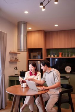 Genç bir Asyalı çift evde kaliteli zaman geçirmekten hoşlanıyor. Birlikte kitap okuyorlar ve mutfak masasında dizüstü bilgisayar kullanıyorlar. Rahat ev kavramı.