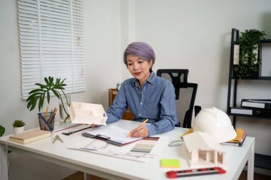 Ofisindeki Asyalı bir mimar elinde ev modeli olan planlar tasarlıyor. Asyalı kadın odaklanmış, ev mimarisini titizlikle planlıyor. Bu, mimarın inşaat tasarımındaki yeteneğini gözler önüne seriyor..