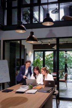 Üç Asyalı kadın takımı ahşap masada dizüstü bilgisayar kullanarak birlikte çalışıyorlar. Modern bir ofiste iş birliği yapıyorlar. Başarı ve büyümeye ulaşmak için beyin fırtınası yapıyorlar.