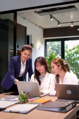 Üç genç Asyalı kadın, modern ofis ortamında bir dizüstü bilgisayarla iş birliği yapıyorlar. Bu görüntü takım çalışması toplantısını kaydediyor. Çeşitli takımlar bir proje üzerinde çalışıyor. Görevde başarılı proje.