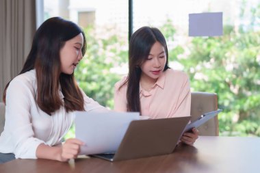 İki genç Asyalı kadın, parlak, modern bir ofiste bir iş projesinde işbirliği yapıyorlar, belgeleri gözden geçiriyorlar ve başarı için bir dizüstü bilgisayar kullanıyorlar. Takım çalışması ve ofis ayarları.