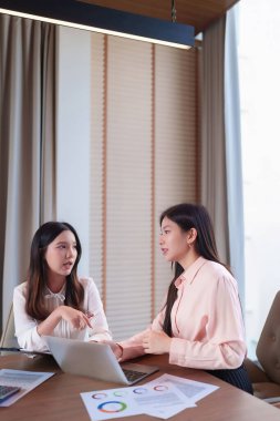 İki genç Asyalı kadın bir dizüstü bilgisayar üzerinde işbirliği yapıyor, çizelgeleri analiz ediyor ve modern ofis ortamında finansal planlama ve şirket büyümesi için iş stratejilerini tartışıyorlar..
