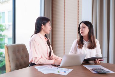 İş toplantısındaki iki genç Asyalı kadının görüntüsü. Stratejiyi tartışıyorlar, dizüstü bilgisayar kullanarak bir proje üzerinde çalışıyorlar. Takım çalışması, finansal planlama ve profesyonel başarıya odaklan.