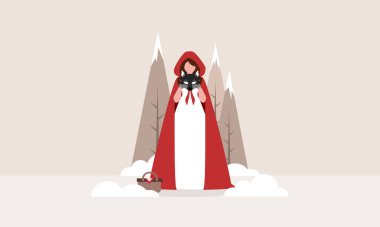 Elinde kurt maskesi olan kırmızı pelerinli bir kadın. Kırmızı başlıklı..