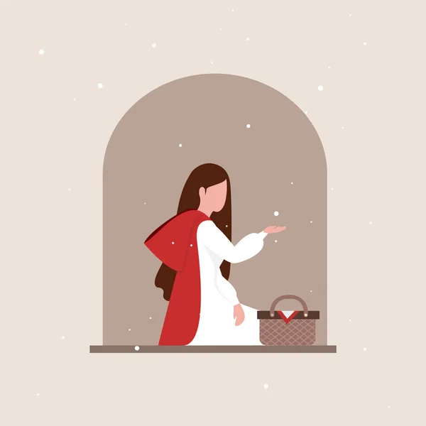 stock vector Red riding hood sitting on window sill and catching snowflake in her hand.