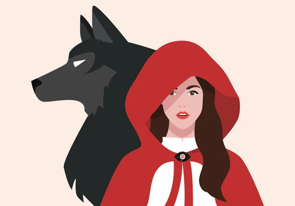 Portrait Little Red Riding Hood Black Wolf — Stockvector